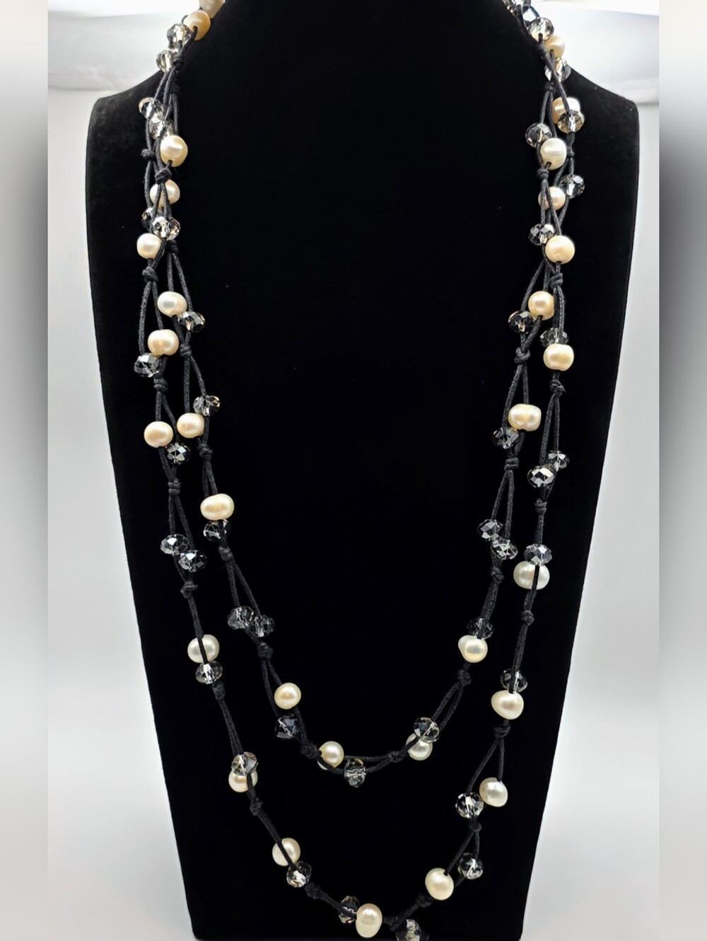 Real Stone Pearl & Smoky Crystal Multi Strand Long Necklace EUC